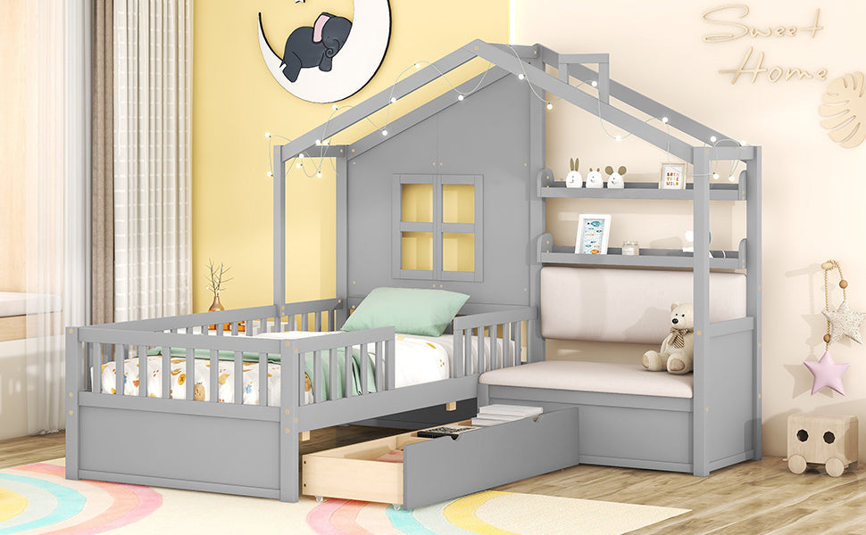 Twin Size House Bed with Sofa, Kids Platform Bed with Two Drawers and Storage Shelf, Gray (Old SKU:HL000065AAE)