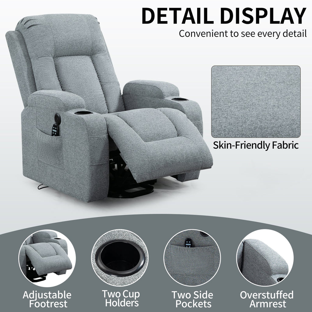 Infinite Position Single Motor Up to 350 LBS Power Lift Recliner Chair for Elderly, Heavy Duty Motion Mechanism with 8-Point Vibration Massage and Lumbar Heating, USB Charging Port, Cup Holders, Grey