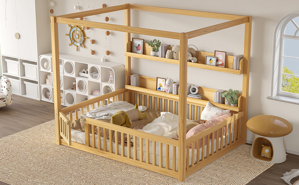 Full Size Canopy Bed with Guardrails, Solid Wood Floor Bed with Shelves, Montessori Floor Bed Frame for Kids, Boys, Girls, No Spring Box Needed, Natural