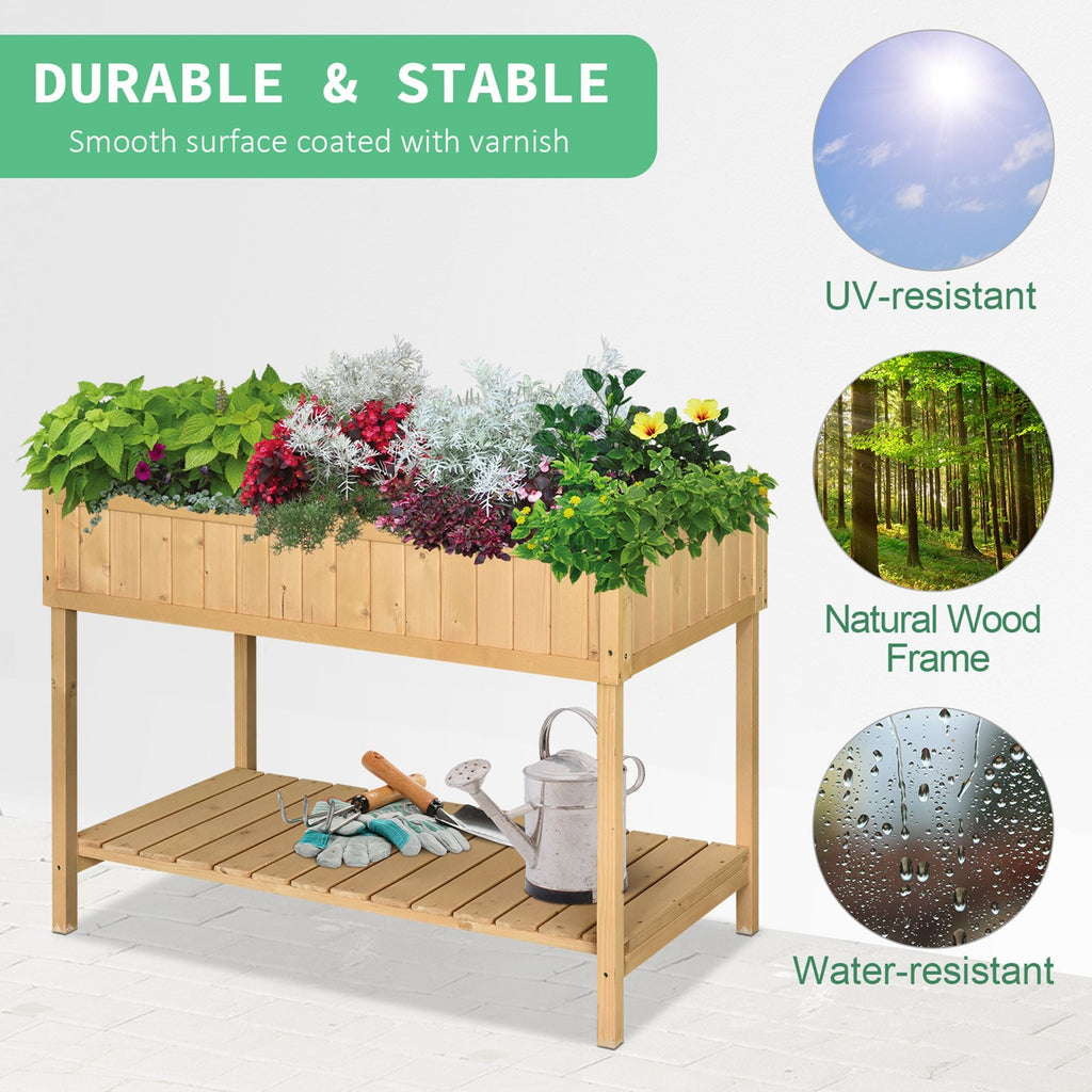 Outsunny 43x18x30in Raised Garden Bed with 8 Pockets and Shelf, Wooden Elevated Planter Box with Legs to Grow Herbs, Vegetables, and Flowers, Natural
