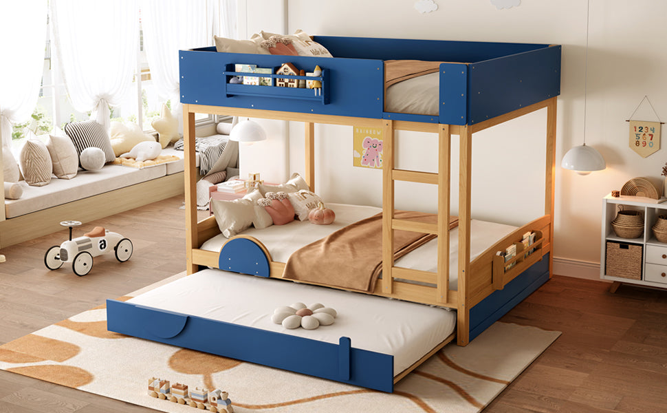 Queen Bunk Bed with Trundle , Wood Bunk Bed Frame with Built-in Bookshelf and High-quality Safety Guardrail,Automobile Form Design for Kids ,Blue＆Natural