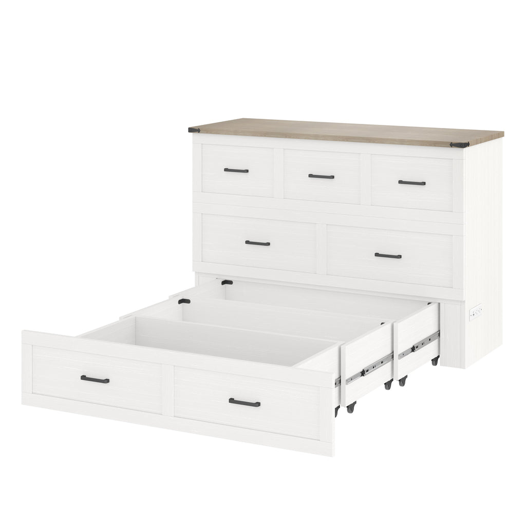 Murphy Bed Cabinet Queen Size with Charging Station, Multi-Functional Foldable Platform Bed with 1 Large Storage Drawer for Guest Room, Small Bedroom, White