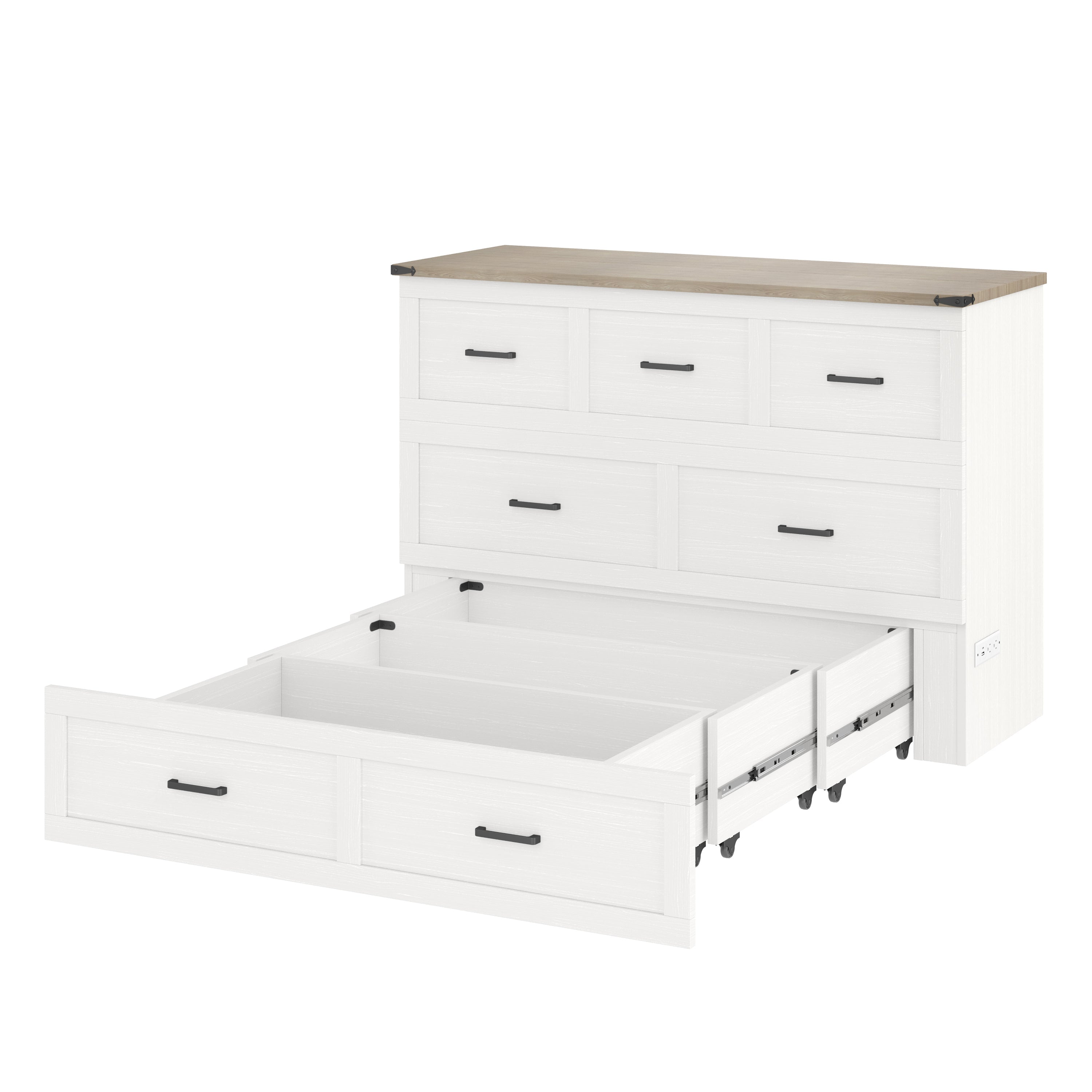 Murphy Bed Cabinet Queen Size with Charging Station, Multi-Functional Foldable Platform Bed with 1 Large Storage Drawer for Guest Room, Small Bedroom, White