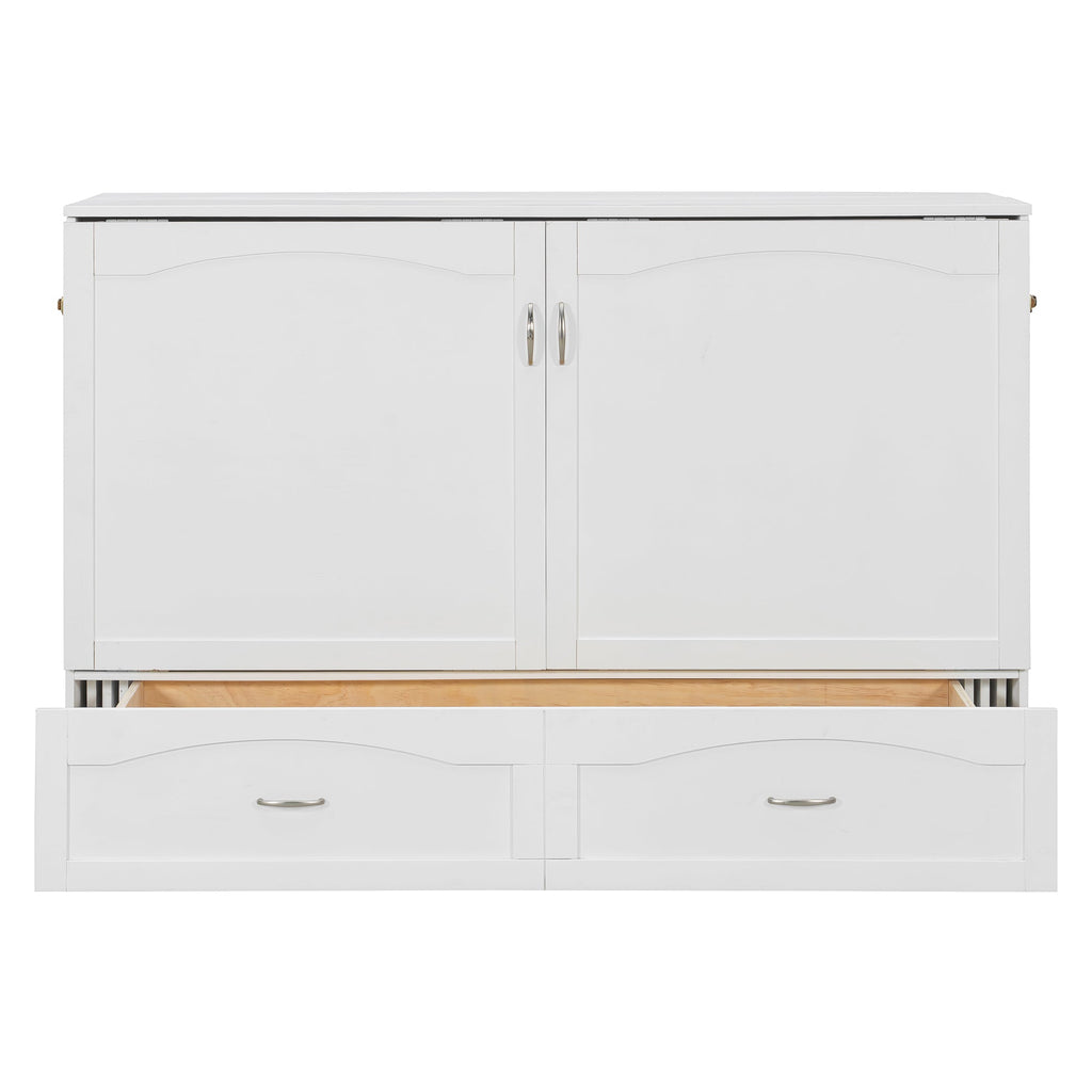 Queen Size Murphy Bed Wall Bed with drawer and a set of Sockets & USB Ports, Pulley Structure Design, White(OLD SKU: LP100671AAK)