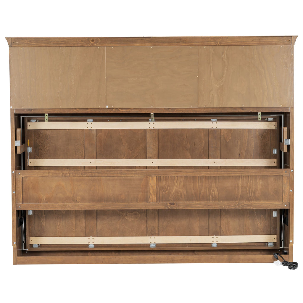 Twin Size Murphy Bed with Charging Station and Drawer in Wood Color, Solid Pine Wood + MDF