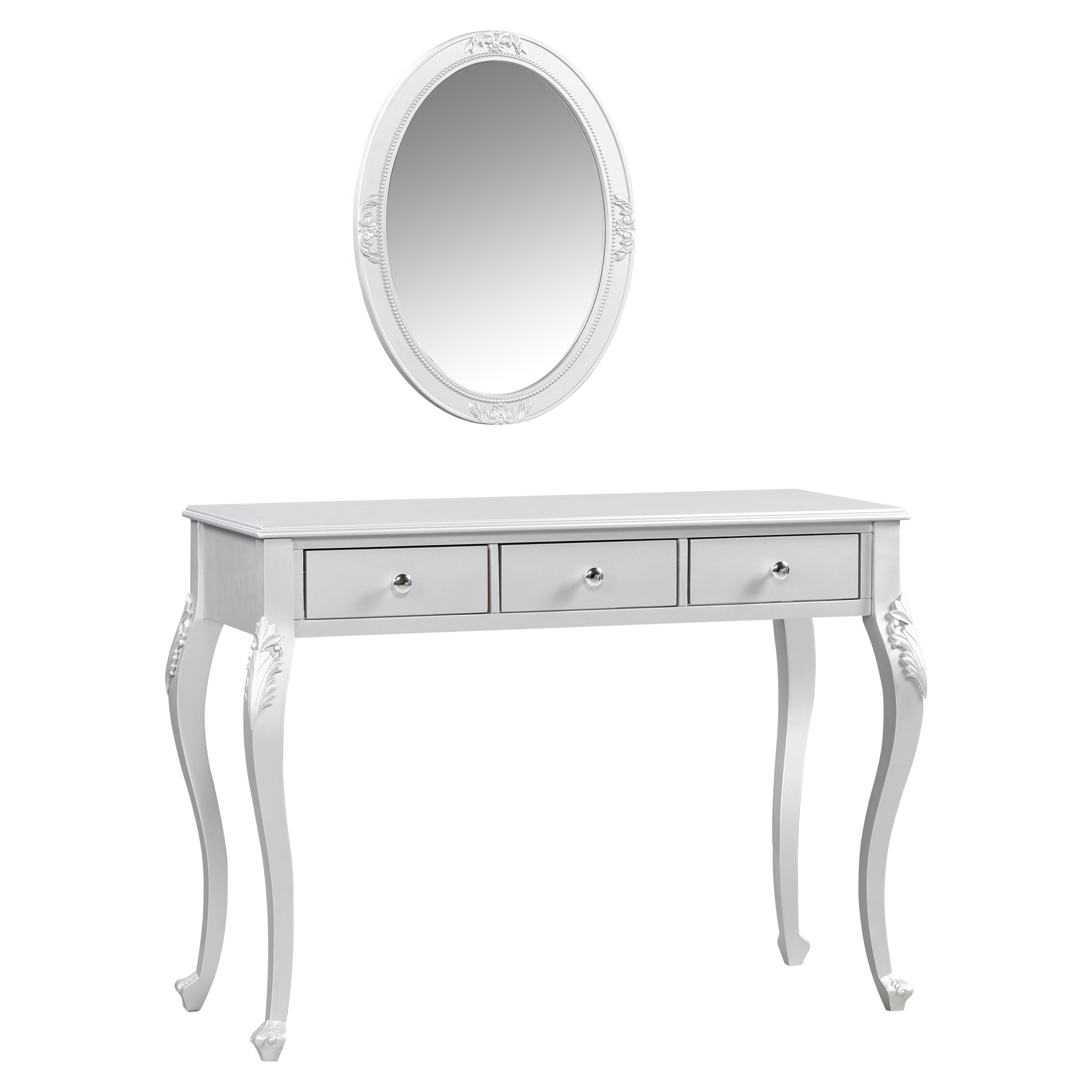 Luxury Makeup Vanity Desk with Oval Mirror, 3-Drawer Dressing Table for Jewelry Storage, Elegant Console Table for Entryway, Living Room & Bedroom, Stylish Home Decor,Silver