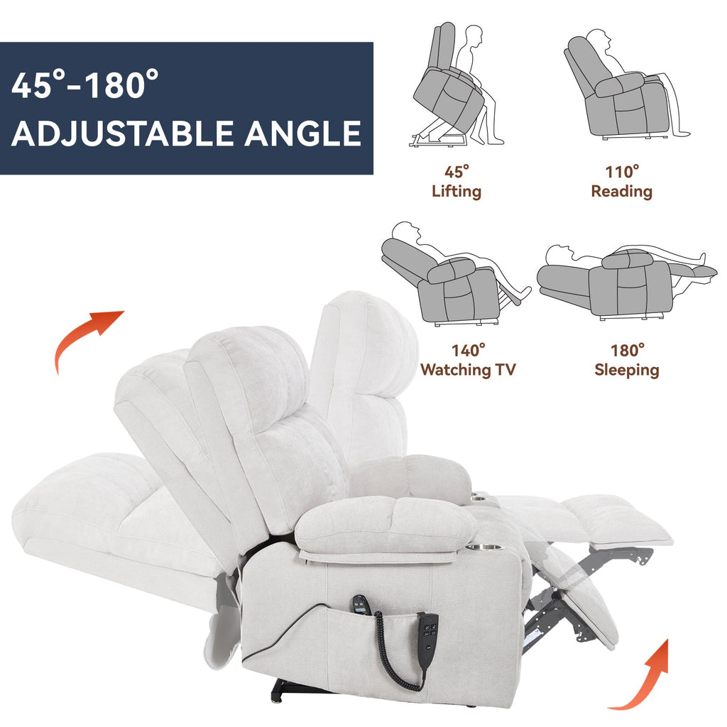 Beige Dual Motor Infinite Position Up to 350 LBS Chenille Power Lift Recliner Chair, Heavy Duty Motion Mechanism with 8-Point Vibration Massage and Lumbar Heating, Dual Cup Holders