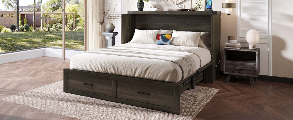 Murphy Bed Cabinet Queen Size with Charging Station, Multi-Functional Foldable Platform Bed with 1 Large Storage Drawer for Guest Room, Small Bedroom, Rustic Gray