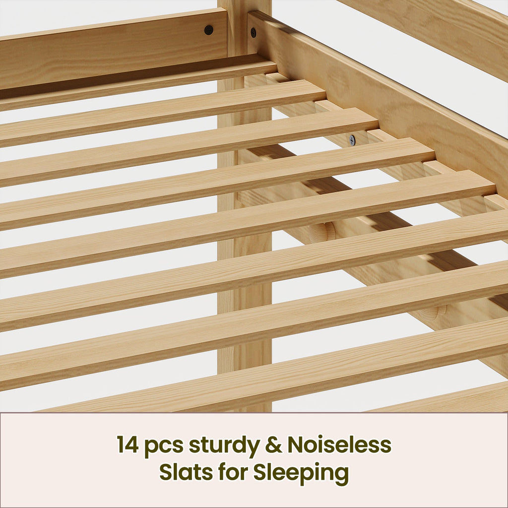 Kids Twin Low Loft Bed - Convertible to Bunk Bed, Solid Wood Modern Bed Frame with LED Strip Lighting, OAK.