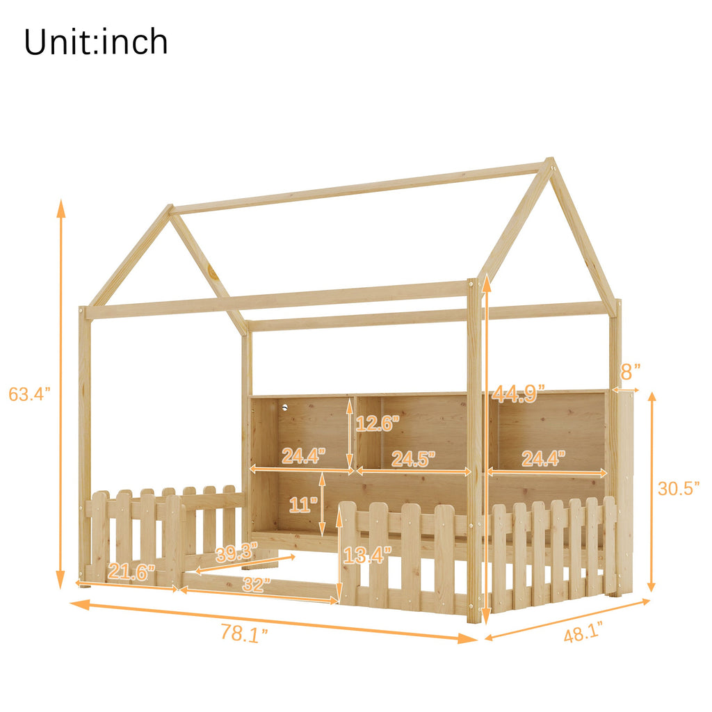 Twin Size House Bed with LED Light, Wood House Bed with Storage Bookshelf, Floor House Bed with Guardrails for Kids, Natural (Expect Arrival Date 2025/3/14)