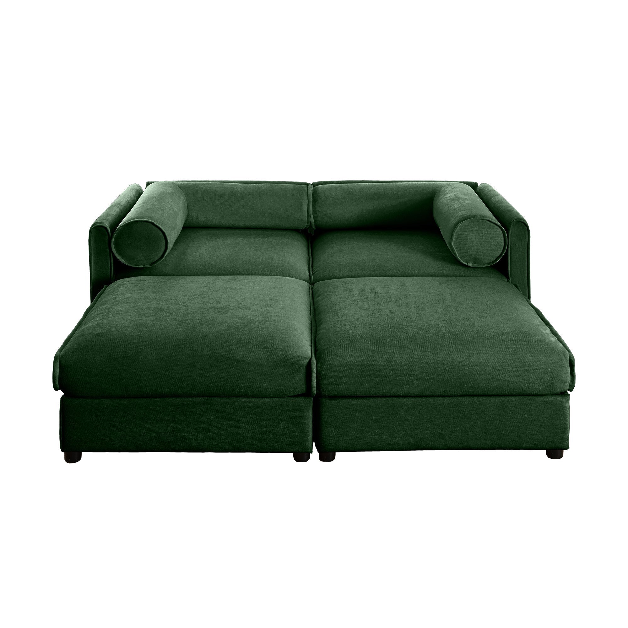 Stylish Green Chenille 2-Seater Sofa with 2 Ottoman Storage Seat, Cylindrical Backrest and Armrests, Modern Fabric Loveseat Featuring Hidden Storage Space