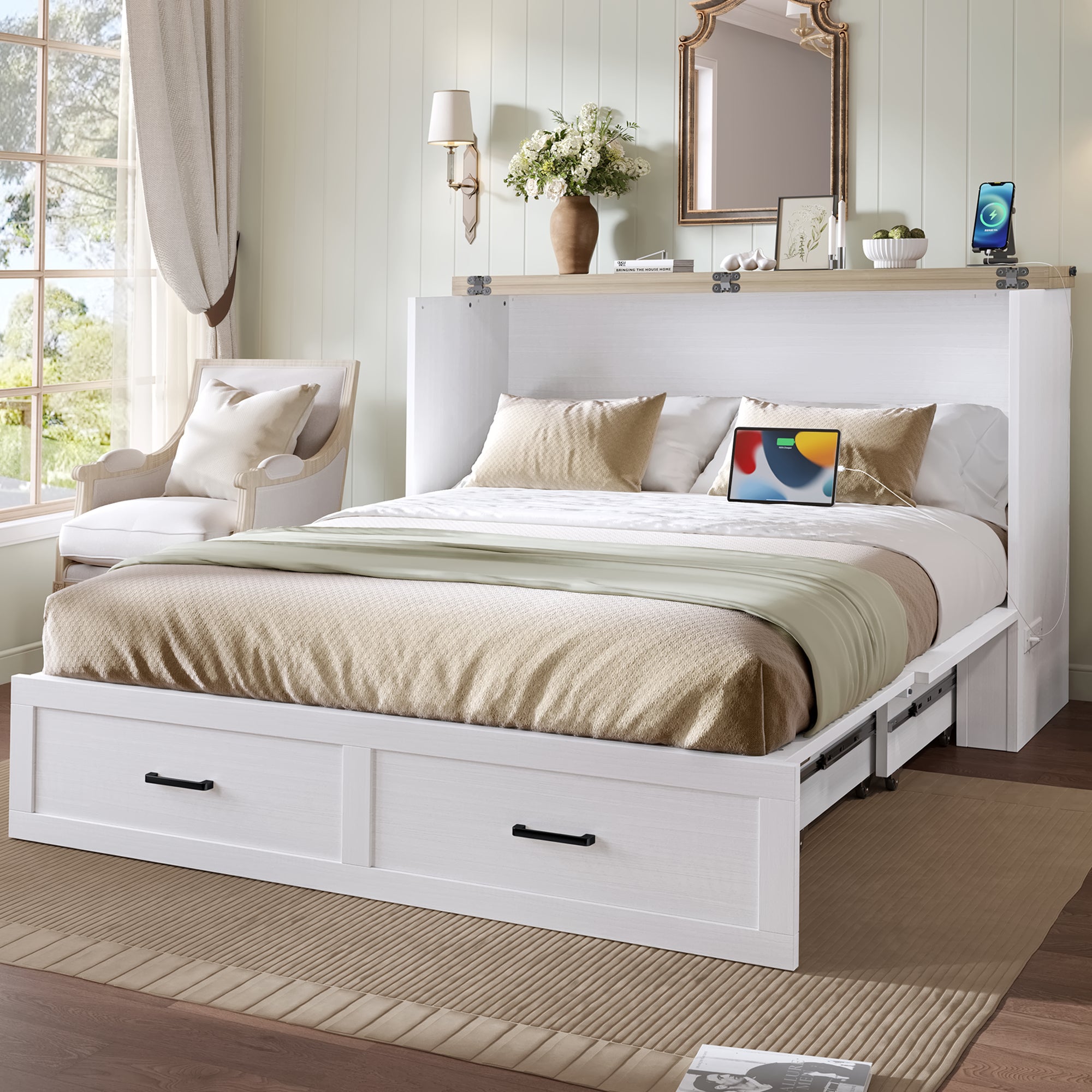 Murphy Bed Cabinet Queen Size with Charging Station, Multi-Functional Foldable Platform Bed with 1 Large Storage Drawer for Guest Room, Small Bedroom, White