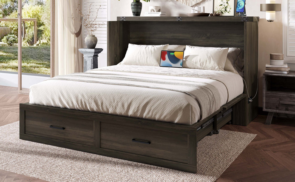 Murphy Bed Cabinet Queen Size with Charging Station, Multi-Functional Foldable Platform Bed with 1 Large Storage Drawer for Guest Room, Small Bedroom, Rustic Gray
