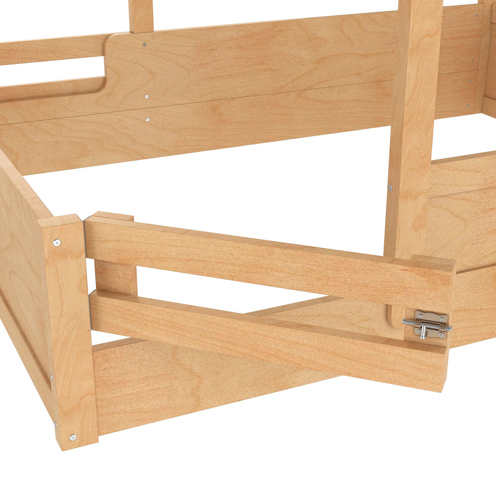 Full Size Floor Bed with Guardrails and Roof, Kids House Floor Bed with a Small Built-in Tray and Free-installed Signboard, Childlike Design, Natural