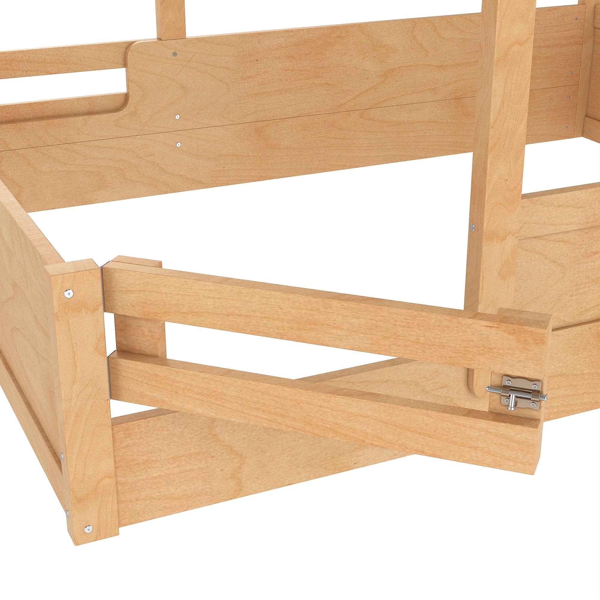 Full Size Floor Bed with Guardrails and Roof, Kids House Floor Bed with a Small Built-in Tray and Free-installed Signboard, Childlike Design, Natural