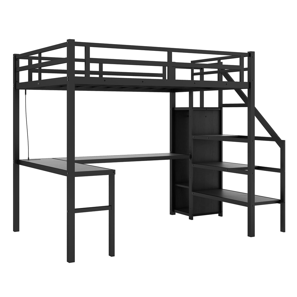 Full XL Size Loft Bed with L-shaped Desk and USB, Metal Loft Bed with Wardrobe and Adjustable Shelf, High Loft Bed with LED for Kids Teens Adults, Black(Expect Arrive 2024/10/10)