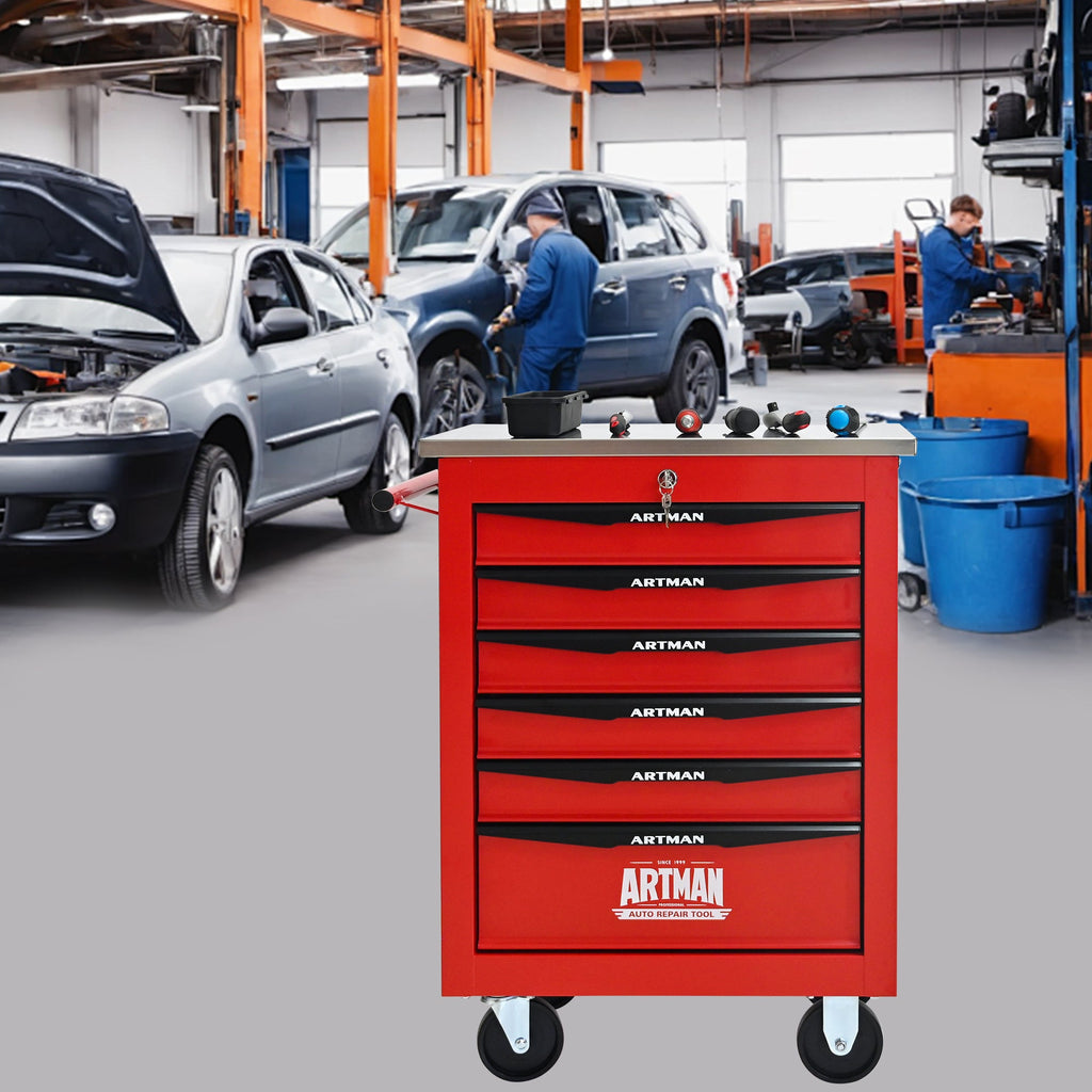 6 Drawers Multifunctional Tool Cart with Wheels,Metal Rolling Tool Cart Storage for Garage Workshop Warehouse Repair Shop--With Stainless Steel Roof- Red&Black