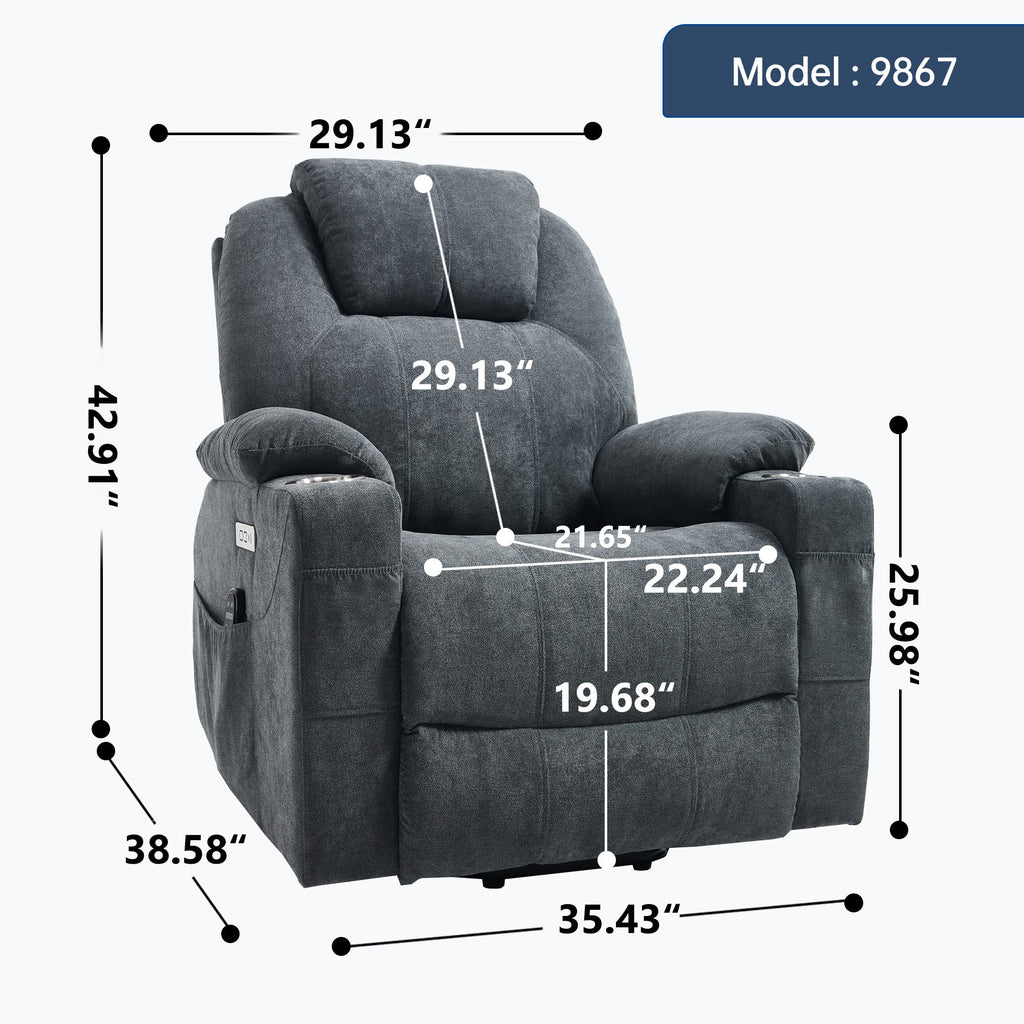 Up to 350 LBS polyester Power Lift Recliner Chair, Heavy Duty Motion Mechanism with 8-Point Vibration Massage and Lumbar Heating, USB and Type-C Ports, Stainless Steel Cup Holders, Grey
