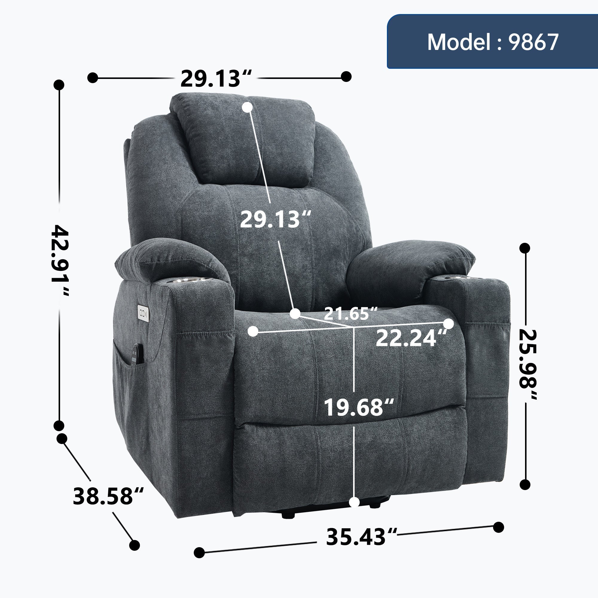 Up to 350 LBS polyester Power Lift Recliner Chair, Heavy Duty Motion Mechanism with 8-Point Vibration Massage and Lumbar Heating, USB and Type-C Ports, Stainless Steel Cup Holders, Grey