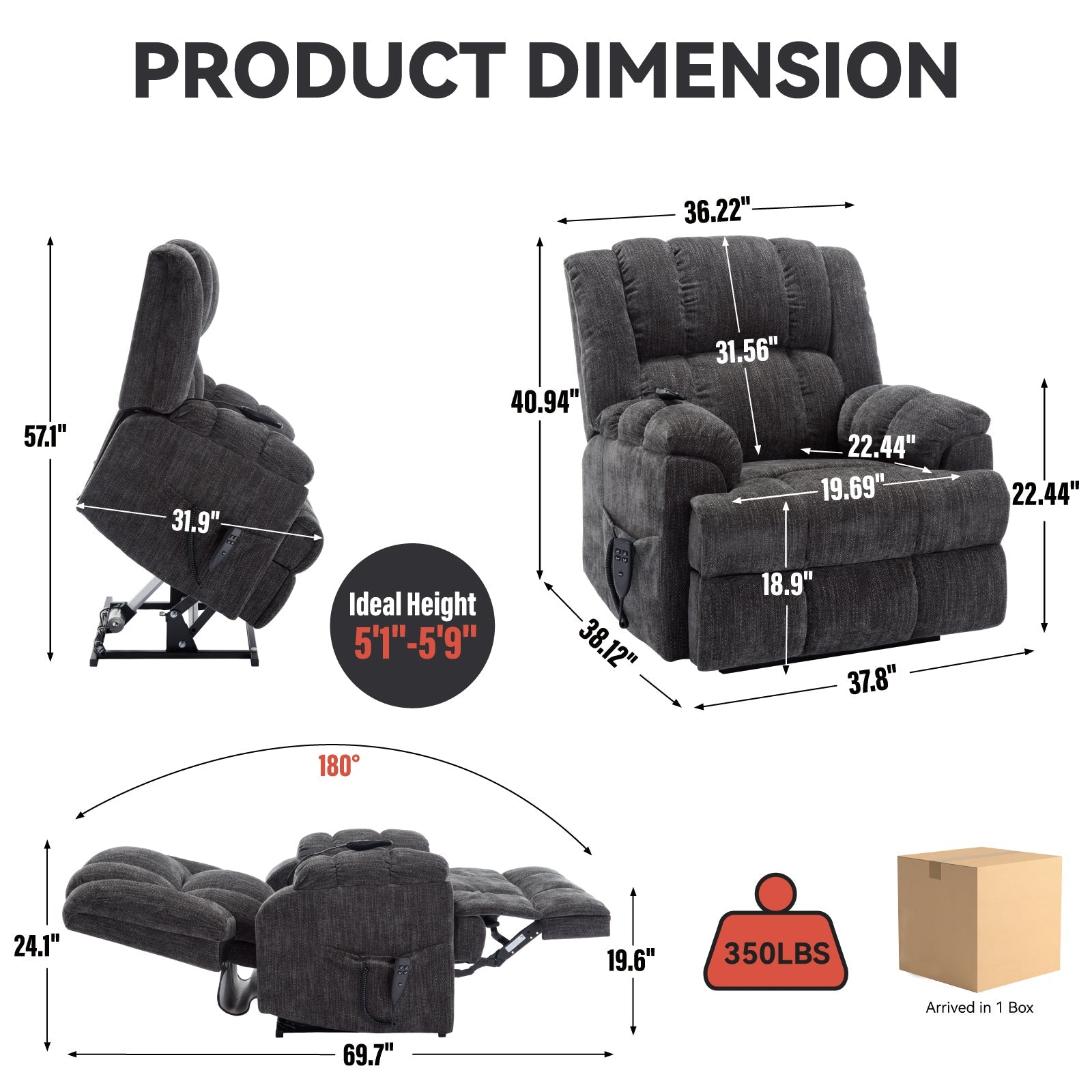 Dual Motor Heat Massage Infinite Position Up to 350 LBS Electric Power Lift Recliners with Power-Remote, Medium-firm and Heavy Duty, Grey