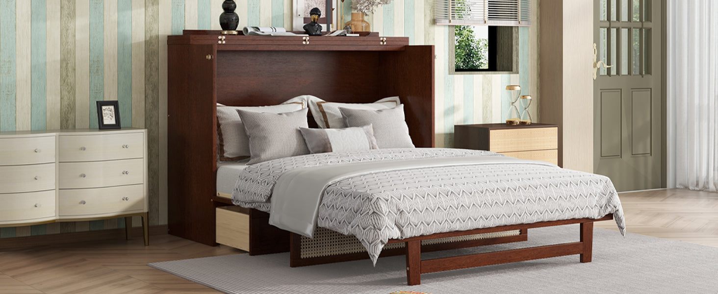 Queen Size Murphy Bed, Pine Wood Cabinet Bed with Rattan Decoration and Storage Drawer,Walnut