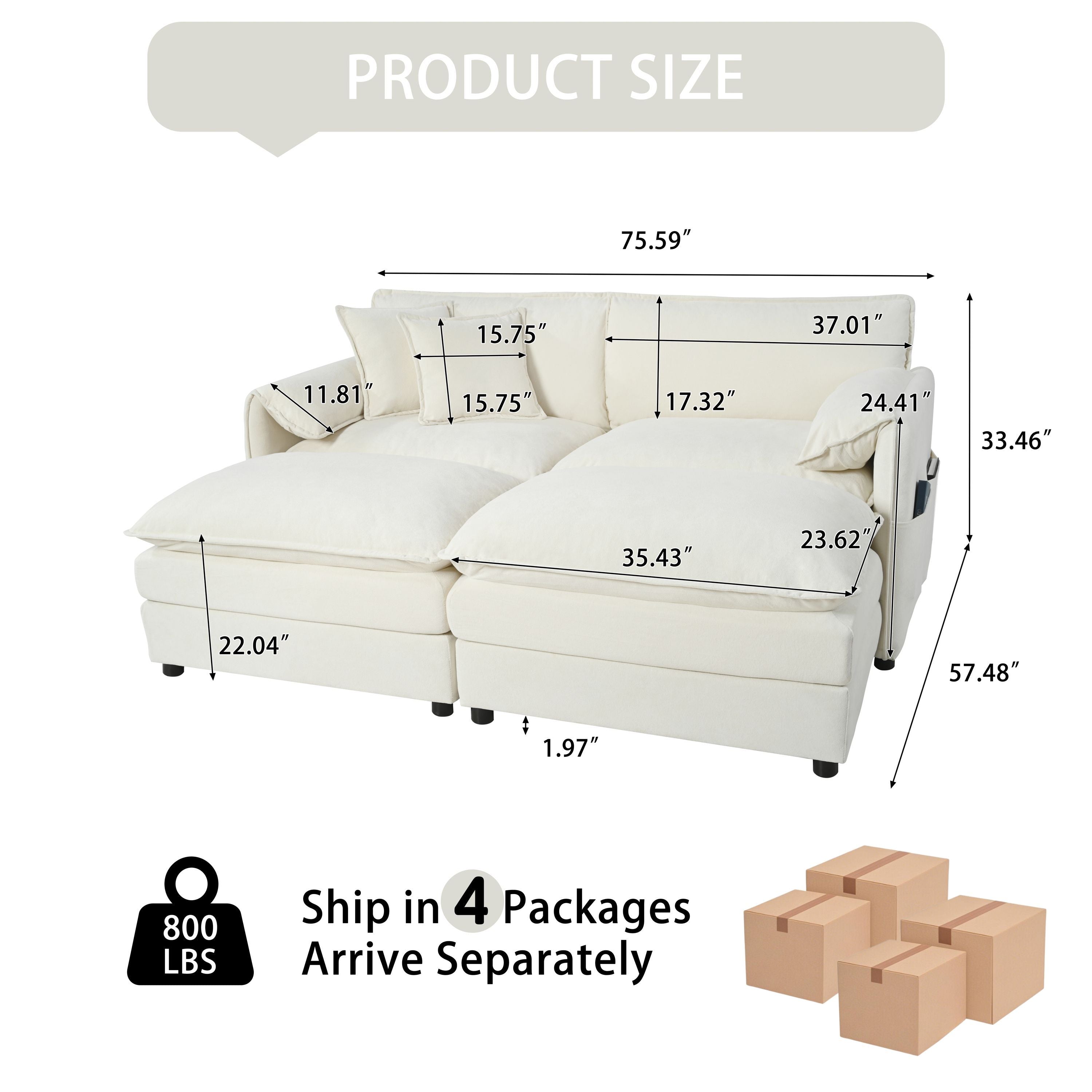 Deep Seat Sectional Cloud Sofa with 2 Ottomans & Soft Pillows, Loveseat Modular Couch for Living Room, Apartment,DIY Combination,Beige