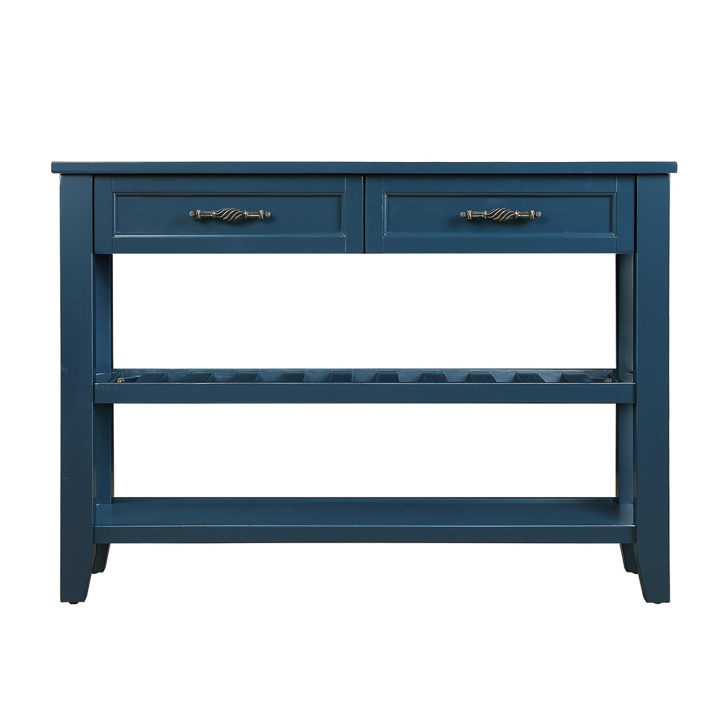 Console Sofa Table with 2 Storage Drawers and 2 Tiers Shelves, Mid-Century Style 42'' Solid Wood Buffet Sideboard for Living Room Furniture Kitchen Dining Room Entryway Hallway,Navy Blue