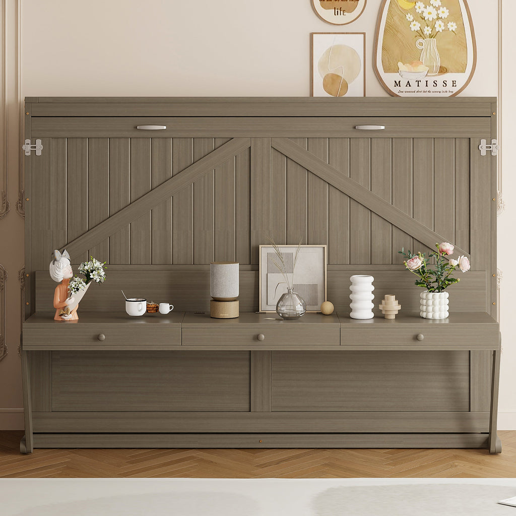 Queen Size Wall Murphy Bed with Storage, Foldable Cabinet Bed with Vanity Desk, Center Mirror & 2 Side Drawers, Distressed Gray