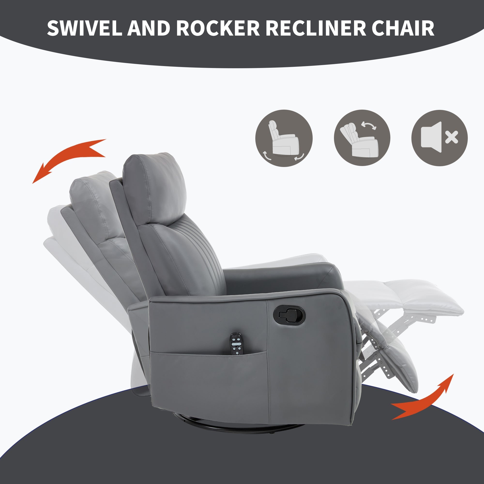 Grey Faux Leather Heat Massage Manual Recliner Chair with Rocker and Swivel for Living Room