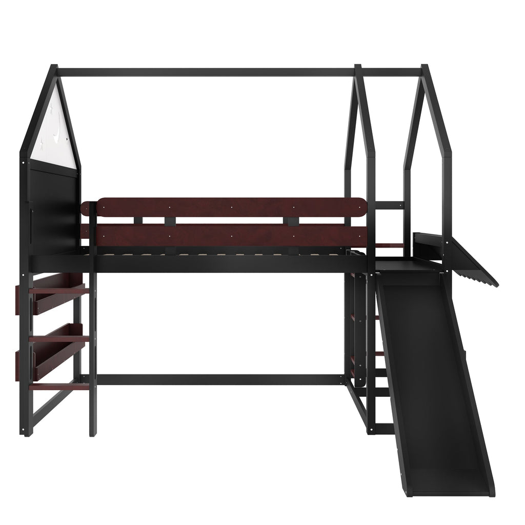 Full Size Loft Bed with Bookshelf Playful Design for Kids House-Shaped Structure with Slide High-Quality Safety Rails,Black.