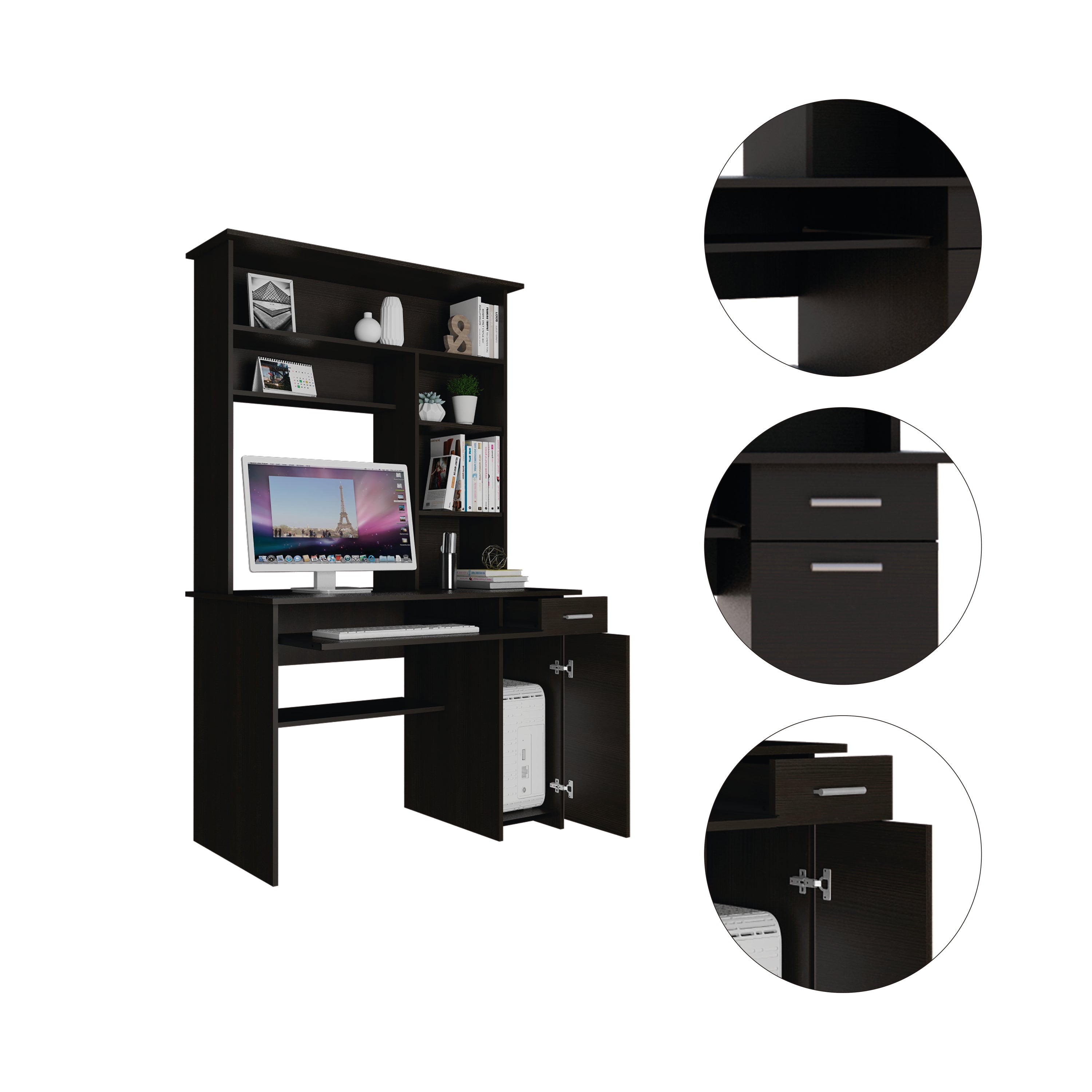 Compu Hutch Desk, Keyboard Tray, Door Panel For CPU, Multiple Shelves, One Drawer, Black