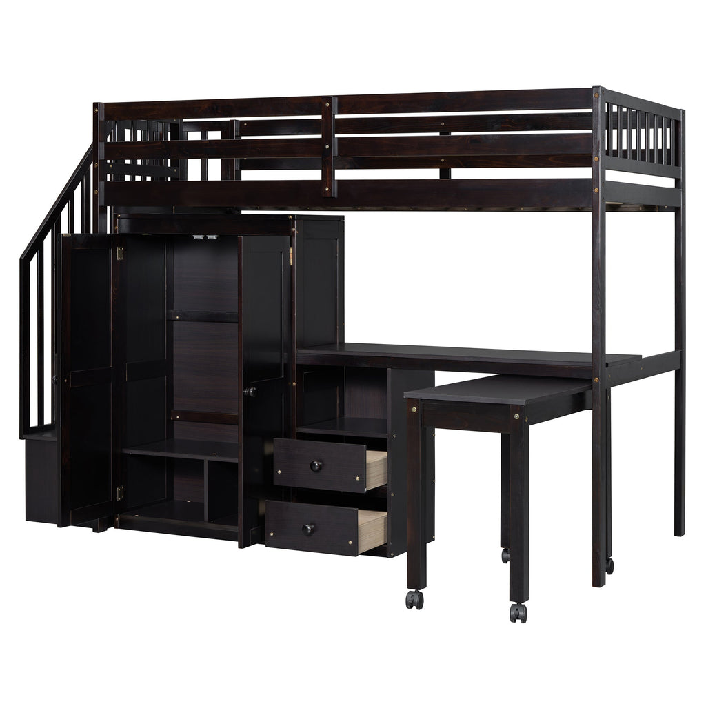 Twin Size Loft Bed with Stairs, Bookshelf, Drawers, Desk & Wardrobe – Space-Saving Multifunctional Furniture for Kids & Teens-Espresso