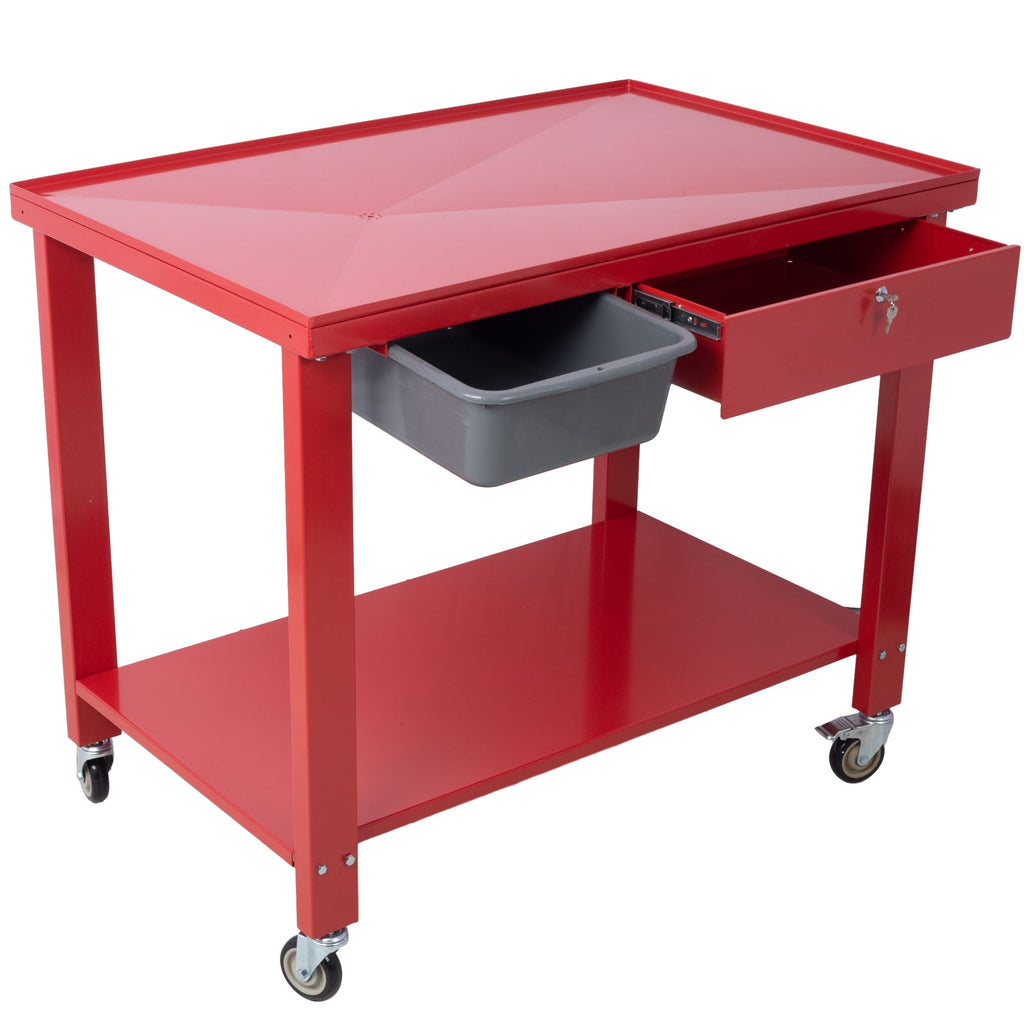 Transmission Teardown Work Station  1/2 Ton Capacity  Sloping Drain Table  Locking Drawer  Removable  Drain Basin Full-Width Lower Shelf  Four 4-Inch Caster Wheels