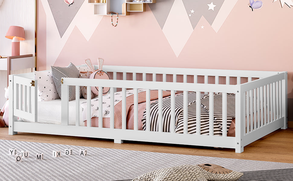 Full Size Bed Floor Bed with Safety Guardrails and Door for Kids, White(Old SKU: W1580P154625)