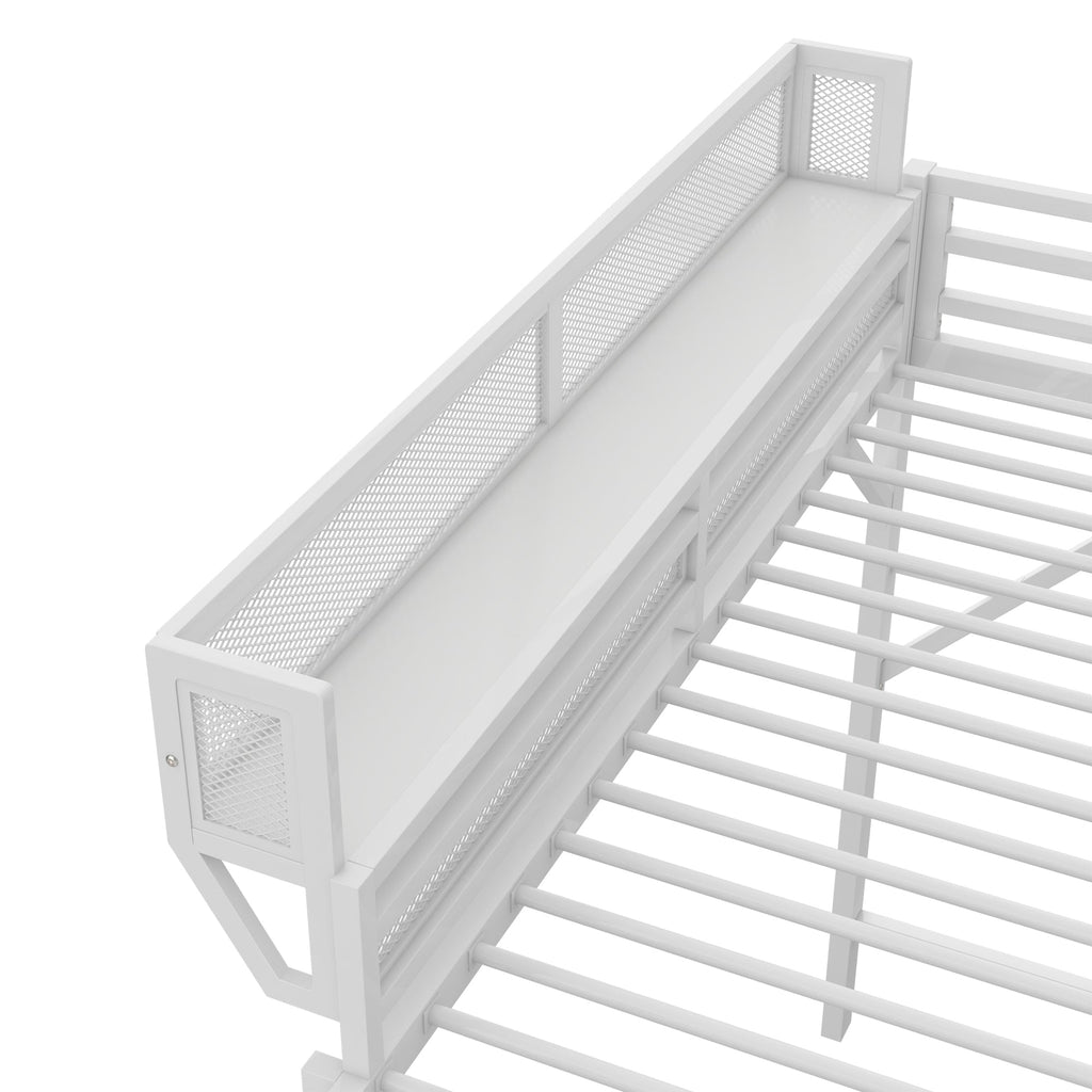 Queen Size Loft Bed with Ladder, Metal Queen Loft Bed with Storage Shelves, High Loft Bed for Kids Teens, White(Expect Arrival Date 2025/12/3  Old SKU W2580P351278)