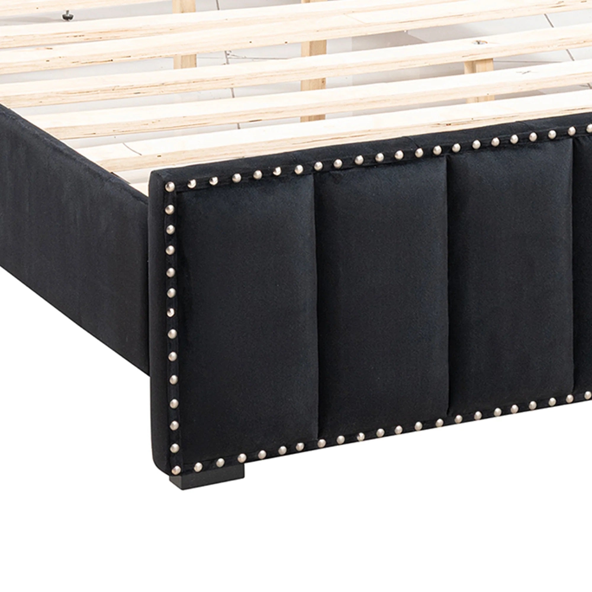 Full Size Bed And 2x Nightstands Bedroom Furniture Luxury Look Black Fabric Upholstered Bedframe w LED Nailhead Trim 3pc Bedroom Set