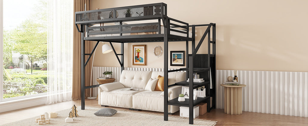 Twin Size Loft Bed with Stairs, Metal Full Loft Bed with Storage Shelves, High Loft Bed with Wardrobe for Kids Teens, Black(Expect Arrival Date 2025/9/22)