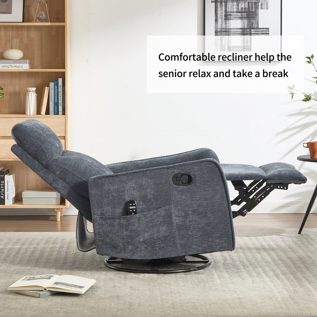 Blue Heat Massage Manual Recliner Chair with Rocker and Swivel in Fabric for Living Room