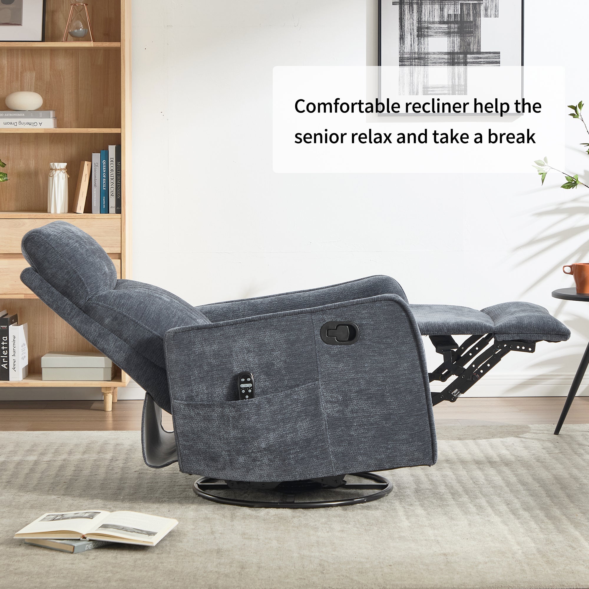 Blue Heat Massage Manual Recliner Chair with Rocker and Swivel in Fabric for Living Room