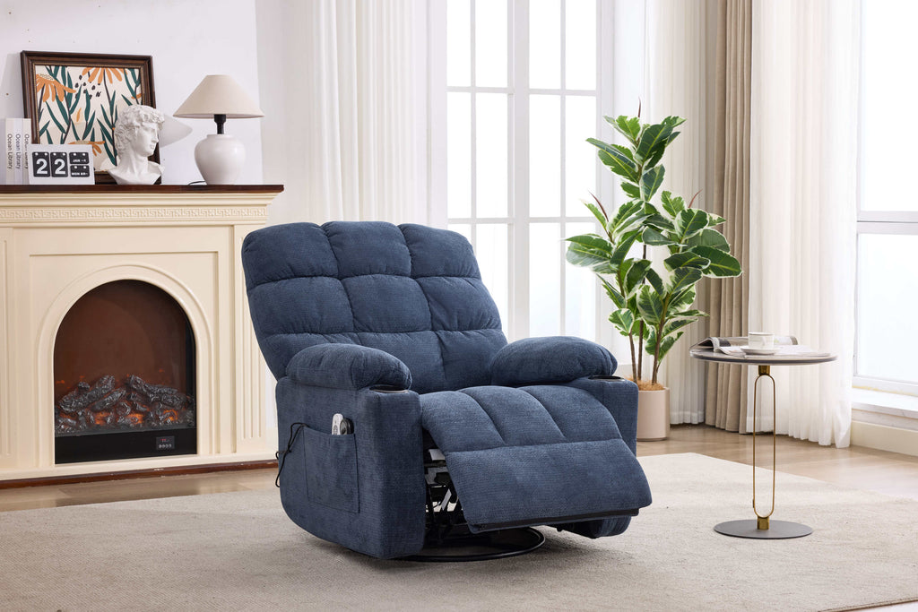 Heat Massage Manual Recliner Chair with Rocker and Swivel in Fabric for Living Room, Blue