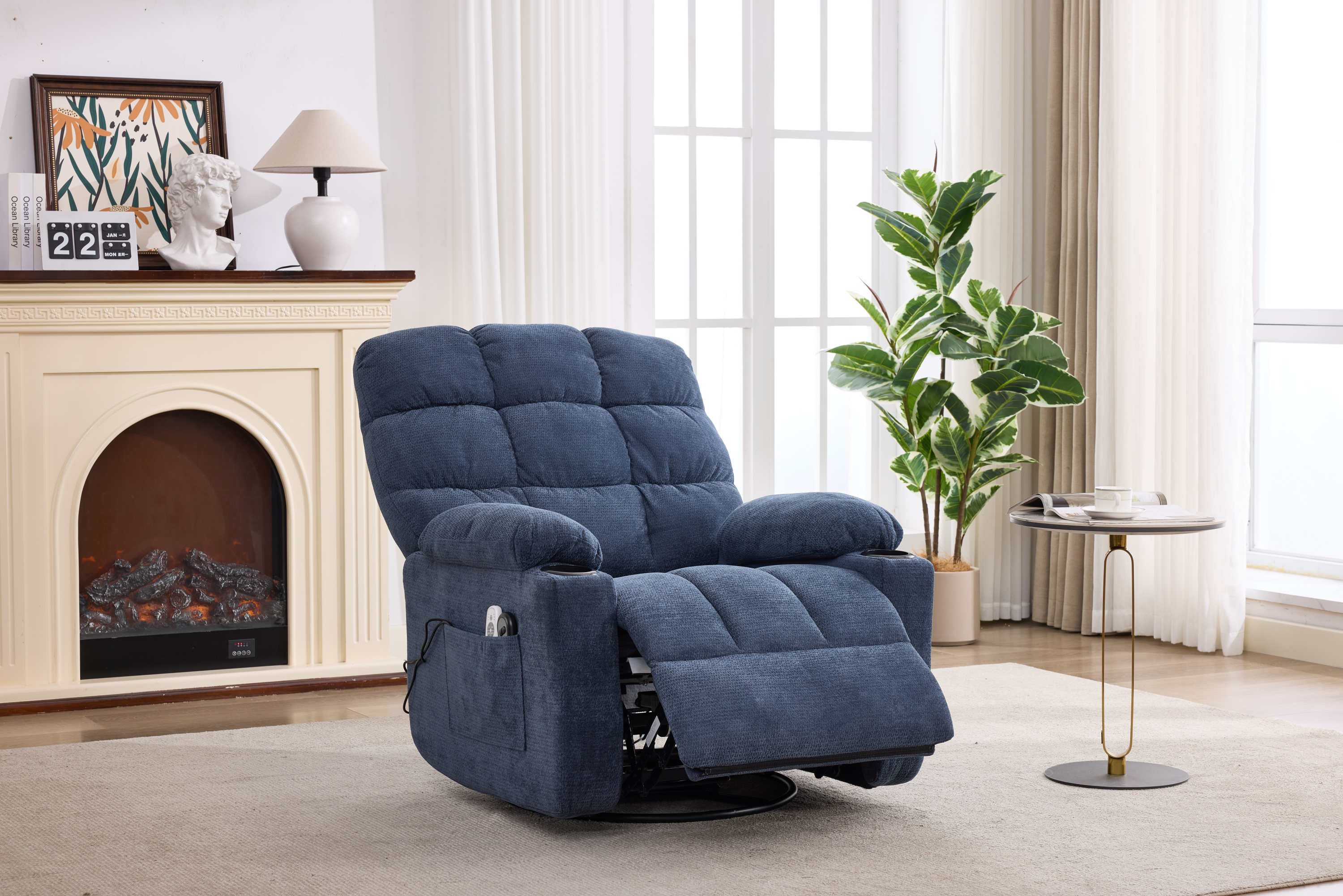 Heat Massage Manual Recliner Chair with Rocker and Swivel in Fabric for Living Room, Blue