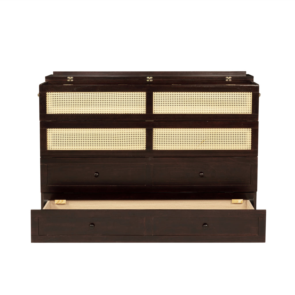 Queen Size Murphy Bed, Pine Wood Cabinet Bed with Rattan Decoration and Storage Drawer,Espresso