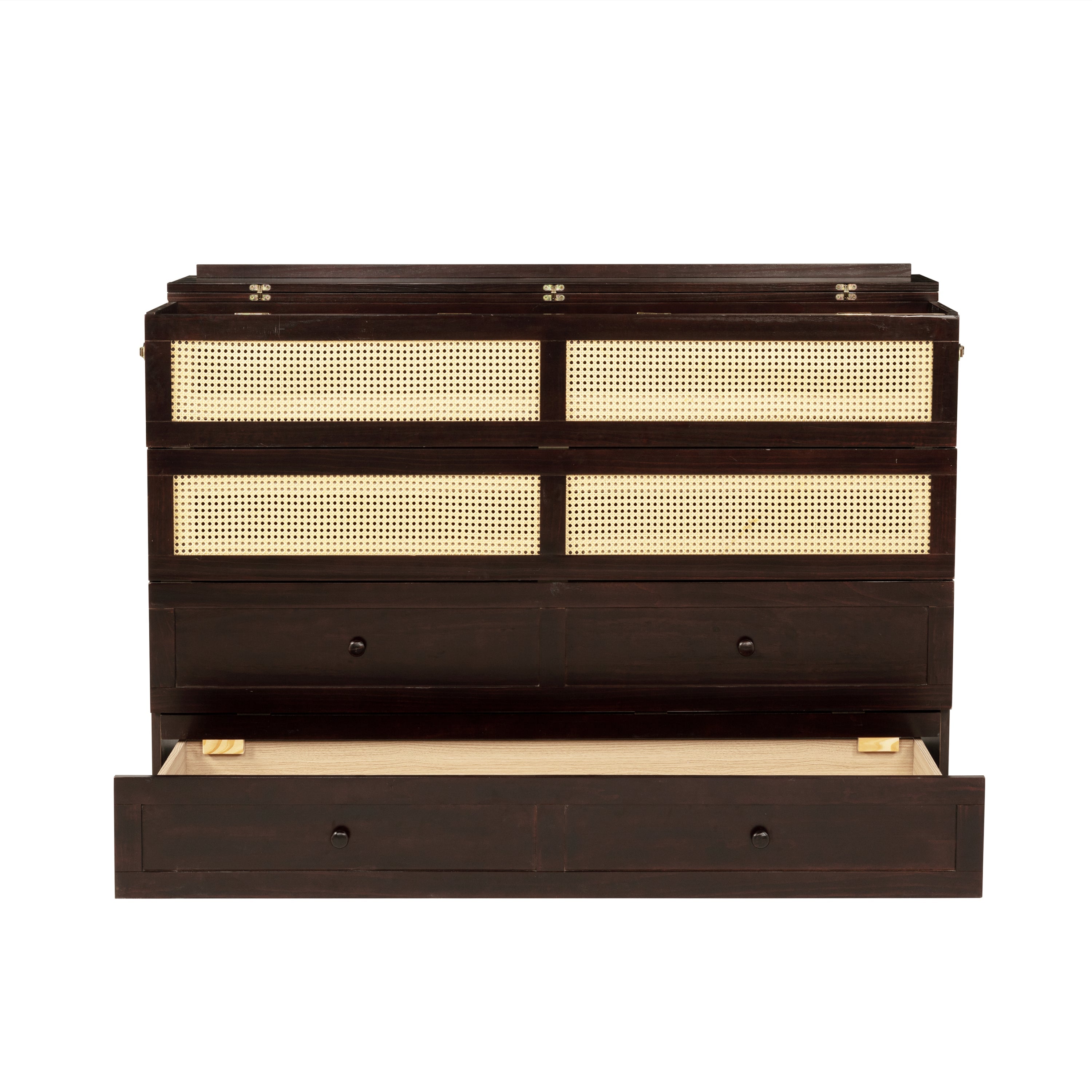 Queen Size Murphy Bed, Pine Wood Cabinet Bed with Rattan Decoration and Storage Drawer,Espresso