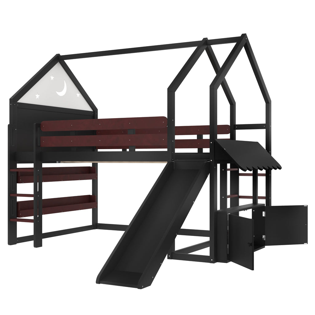 Full Size Loft Bed with Bookshelf Playful Design for Kids House-Shaped Structure with Slide High-Quality Safety Rails,Black.