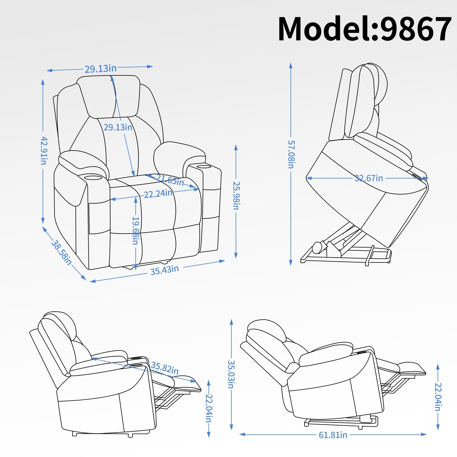Up to 350 LBS Chenille Power Lift Recliner Chair, Heavy Duty Motion Mechanism with 8-Point Vibration Massage and Lumbar Heating, USB and Type-C Ports, Stainless Steel Cup Holders, Blue