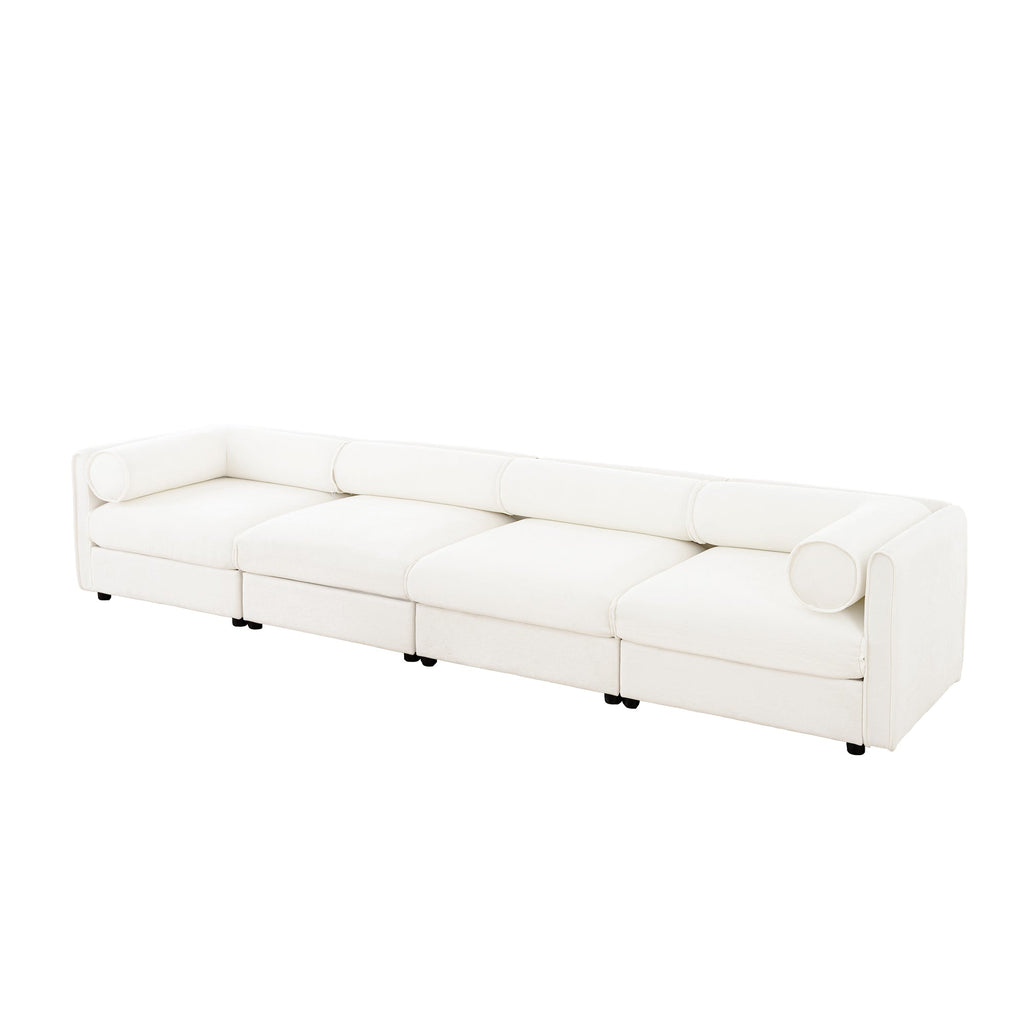 Modular Sectional Sofa with Storage, Cylindrical Backrest and Armrests Deep Comfortable Seating,Durable and Supportive for Living Room,4 Seat L- Shaped Sofa, White