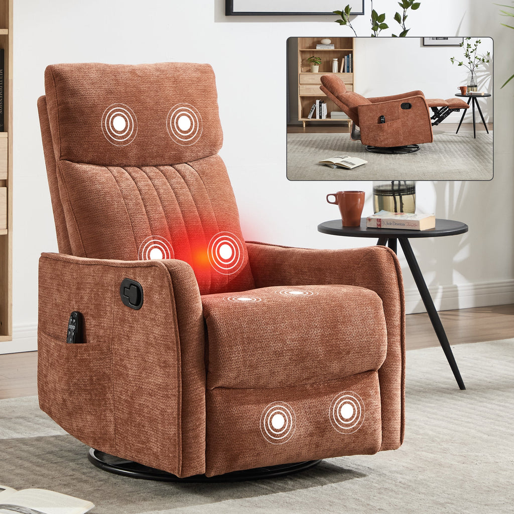 Orange Heat Massage Manual Recliner Chair with Rocker and Swivel in Fabric for Living Room