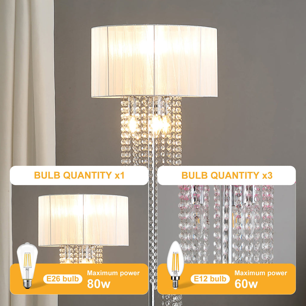 65.75'H Sheer White Drum Shade Rain Crystal Chrome Metal Floor Lamp for Living Room, Standing Lamp for Bedroom