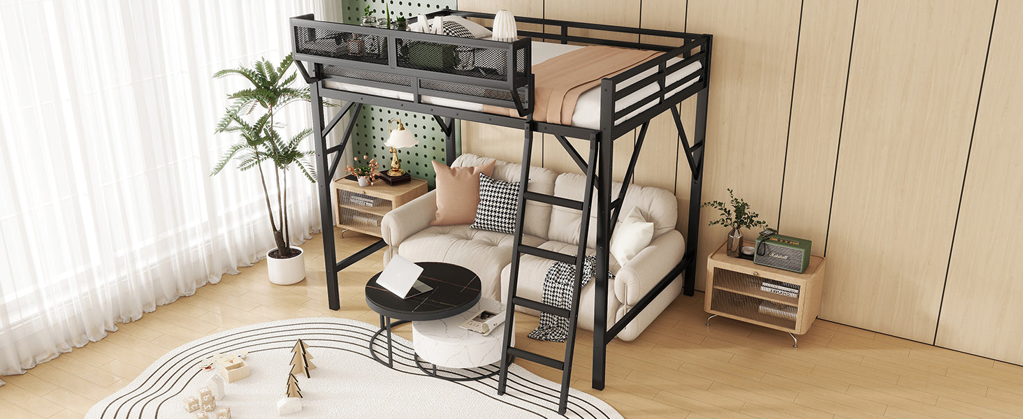 Queen Size Loft Bed with Ladder, Metal Queen Loft Bed with Storage Shelves, High Loft Bed for Kids Teens, Black(Expect Arrival Date 2025/12/3, Old SKU W2580P353530)
