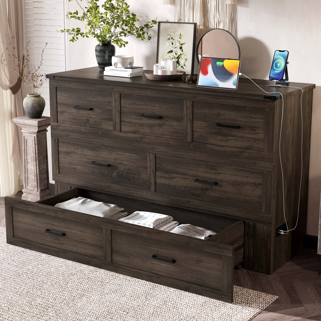 Murphy Bed Cabinet Queen Size with Charging Station, Multi-Functional Foldable Platform Bed with 1 Large Storage Drawer for Guest Room, Small Bedroom, Rustic Gray